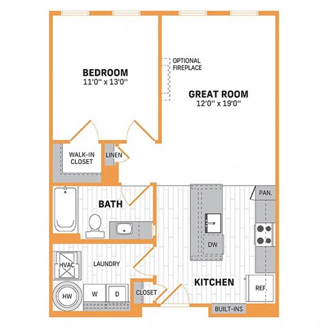 Floor plan for 1 bed, 1 bath, 830 sqft